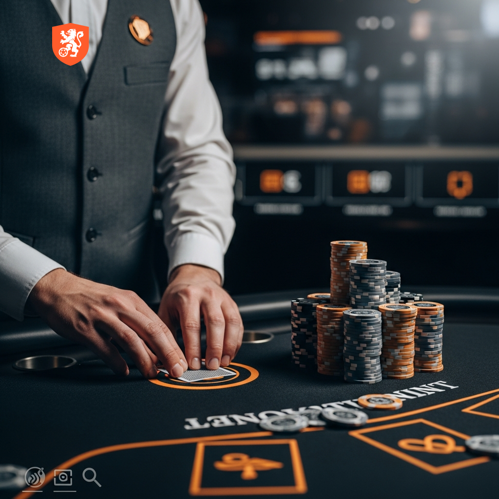 Live casino dealer aan een blackjack tafel